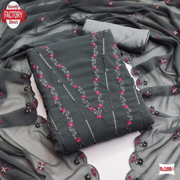 Dark Grey Georgette Multi-sequins Embroidered Kurtha Suruwal Piece