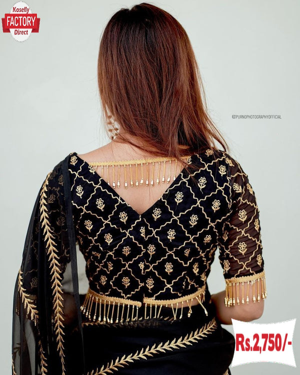 Black Pure Georgette Zari Striped Saree With Stitched Blouse