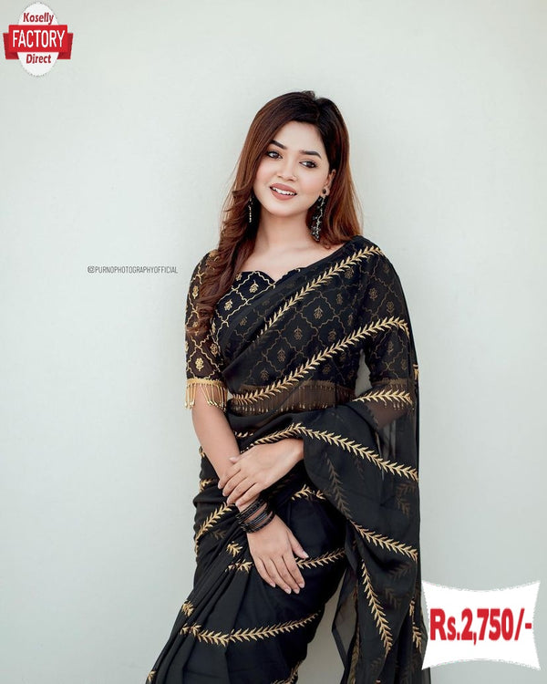 Black Pure Georgette Zari Striped Saree With Stitched Blouse