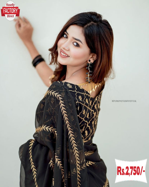 Black Pure Georgette Zari Striped Saree With Stitched Blouse