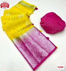 Yellow Organza Kanchipuram Saree With Fancy Embroidery Work