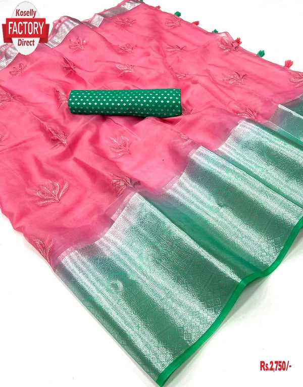Dark Pink Organza Kanchipuram Saree With Fancy Embroidery Work