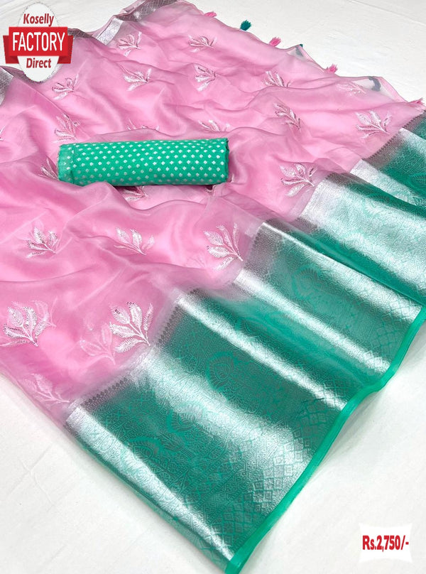 Baby Pink Organza Kanchipuram Saree With Fancy Embroidery Work