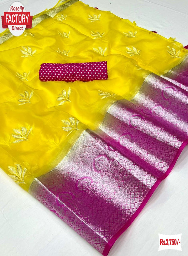 Yellow Organza Kanchipuram Saree With Fancy Embroidery Work