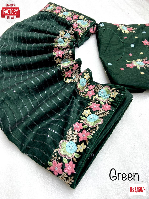Dark Green Blooming Vichitra Multi-matte Sequins Partywear Saree