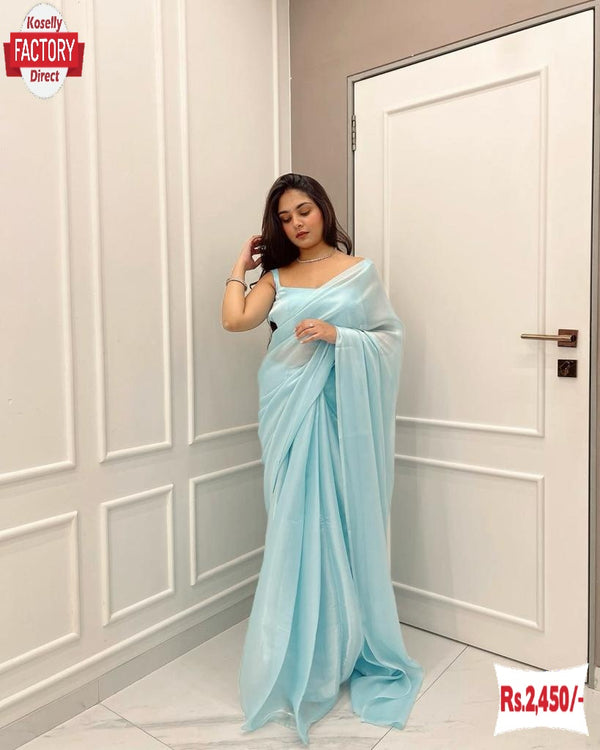 Sky Blue Jimmy Choo Stylish Saree With Stitched Blouse