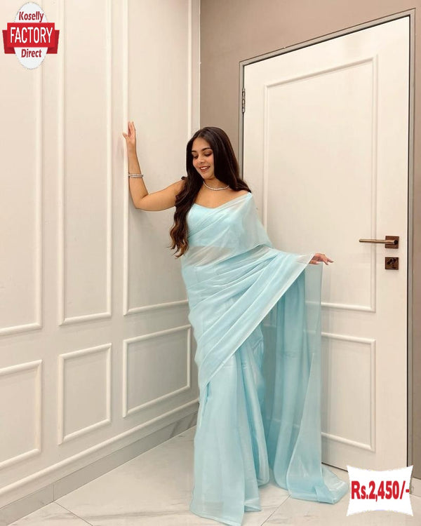Sky Blue Jimmy Choo Stylish Saree With Stitched Blouse