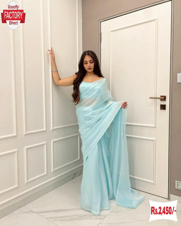 Sky Blue Jimmy Choo Stylish Saree With Stitched Blouse