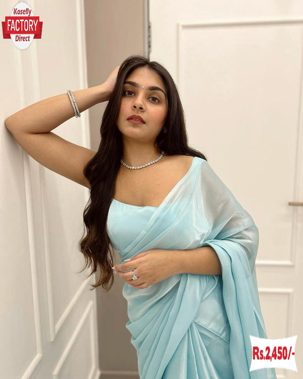Sky Blue Jimmy Choo Stylish Saree With Stitched Blouse