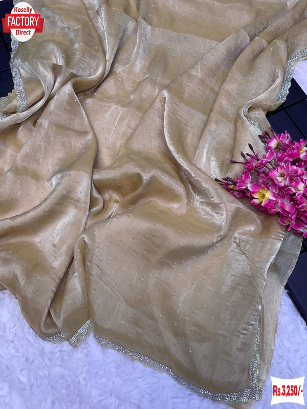 Golden Pure Burberry Silk Hand Stone Work Partywear Saree