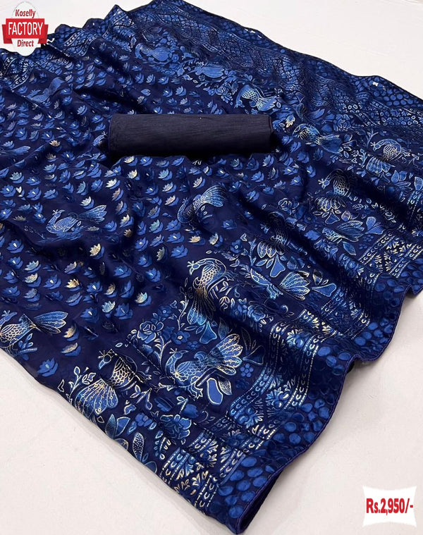 Dark Blue Soft Weaving Brasso Partywear Saree
