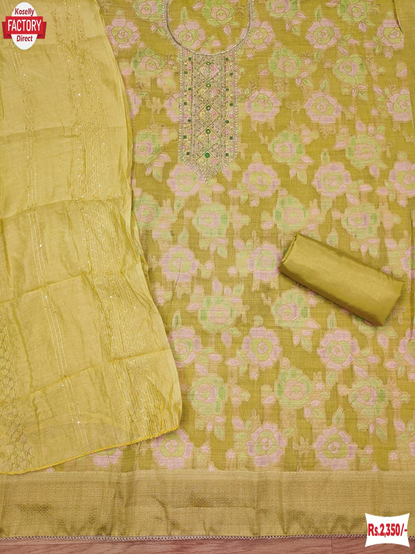 Light Yellow Jacquard Embroidered And Handwork Kurtha Suruwal Piece