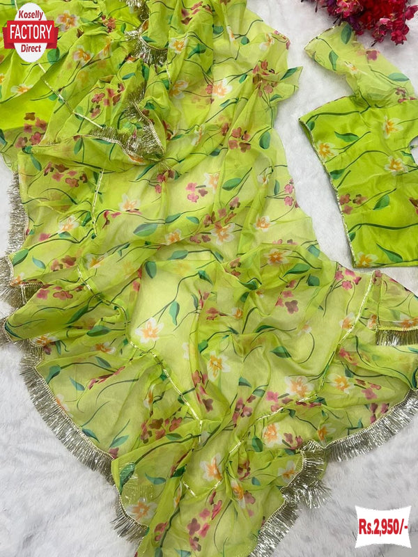 Parrot Green Tabby Silk Floral Lehenga Styled Saree