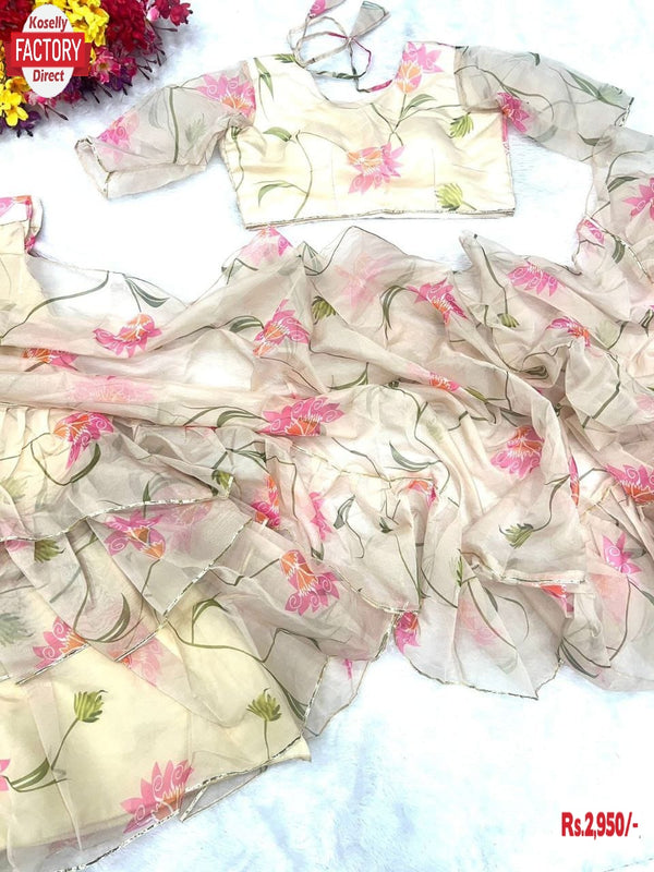 Beige Tabby Silk Floral Lehenga Styled Saree