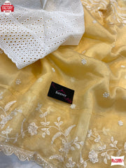 Yellow Pure Khadi Organza Floral Fancy Saree