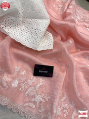 Baby Pink Pure Khadi Organza Floral Fancy Saree