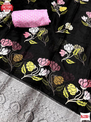 Black Kanchipuram Organza Thread And Stone Work Saree