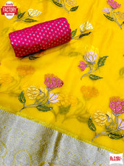 Yellow Kanchipuram Organza Thread And Stone Work Saree