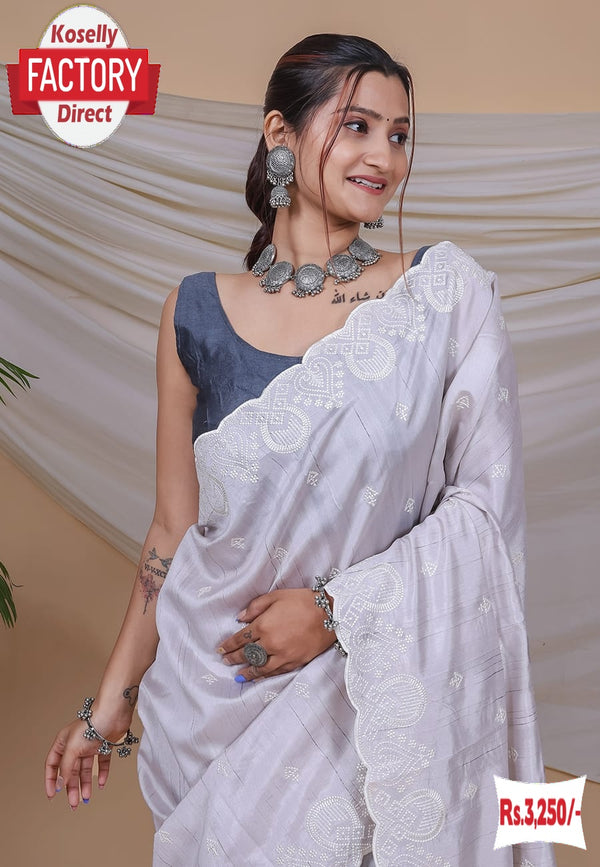 Faint Grey Pure Soft Silk Kantha Thread Work Saree
