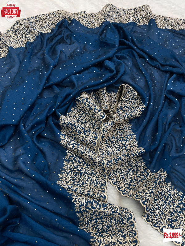 Deep Blue Vichitra Silk Embroidered And Stone Work Partywear Saree
