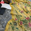 Yellow Shimmer Chiffon Handprinted Partywear Saree