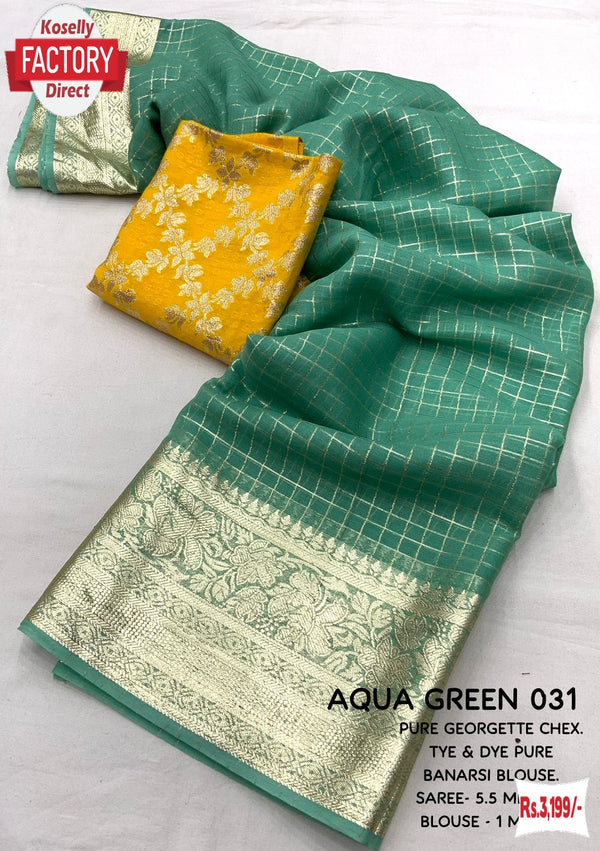 Aqua Green Soft Pure Georgette Banarasi Check Saree