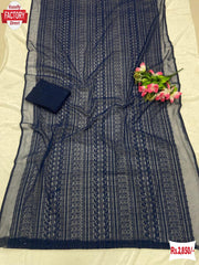 Navy Blue Georgette Chikankari Sequins Work Partywear Saree