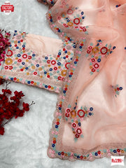 Peach Organza Multi-sequins And Threadwork Partywear Saree