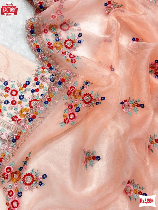 Peach Organza Multi-sequins And Threadwork Partywear Saree