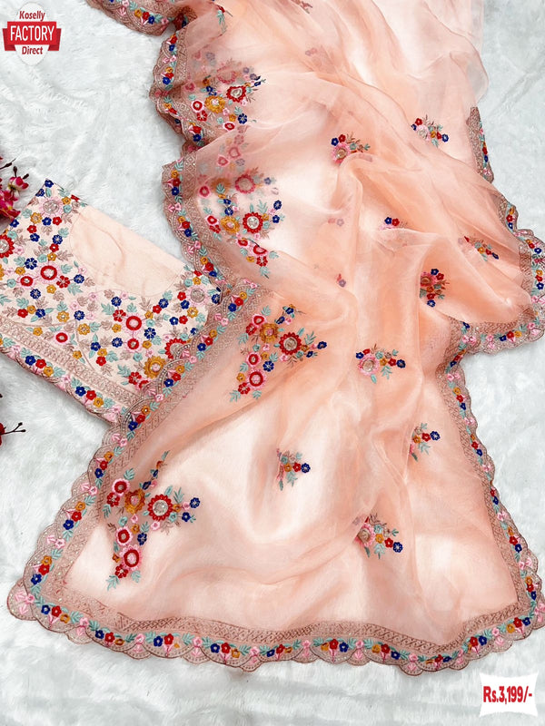 Peach Organza Multi-sequins And Threadwork Partywear Saree
