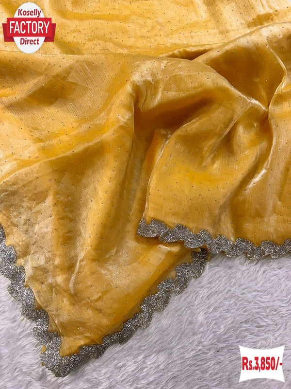Yellow Pure Jimmy Choo Silk Zircon Stone Work Partywear Saree
