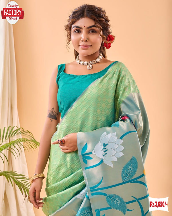 Light Green Pure Paithani Silk Rich Weaving Partywear Saree