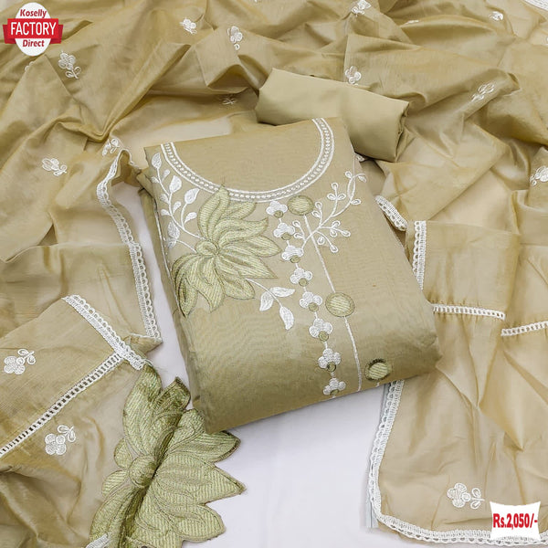 Olive Green Chanderi Embroidered Kurtha Suruwal Piece