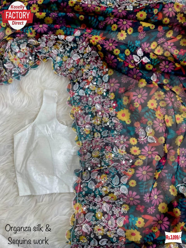 Black Organza Digital Printed Thread And Sequins Work Saree With Stitched Blouse