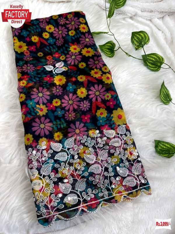 Black Organza Digital Printed Thread And Sequins Work Saree With Stitched Blouse