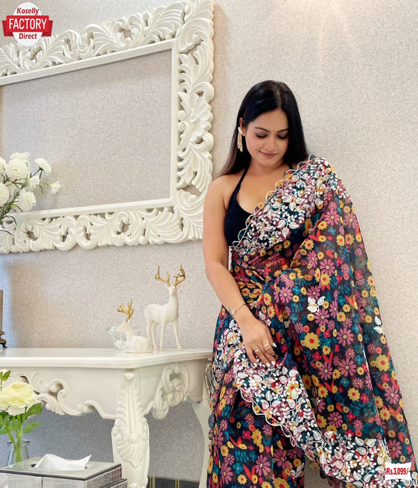 Black Organza Digital Printed Thread And Sequins Work Saree With Stitched Blouse