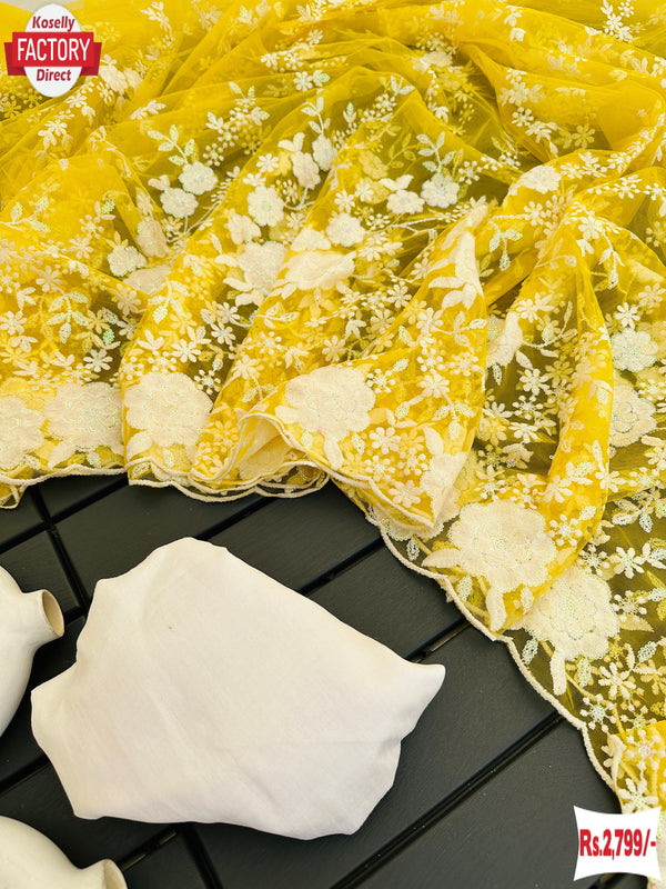 Yellow Heavy Net Thread And Sequins Work Fancy Saree