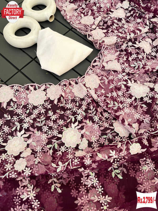 Wine Heavy Net Thread And Sequins Work Fancy Saree