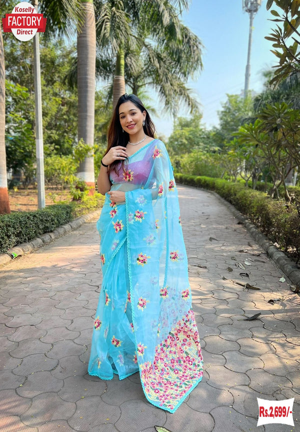 Sky Blue Soft Organza Embroidered Partywear Saree