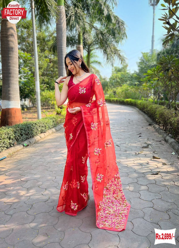 Red Soft Organza Embroidered Partywear Saree