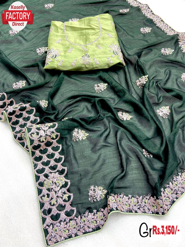 Dark Green Vichitra Blooming Silk Partywear Embroidered Saree