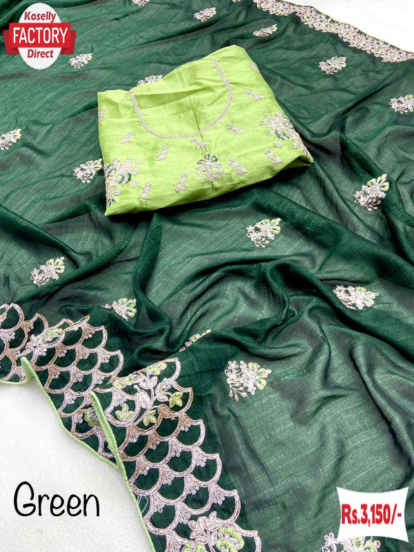 Dark Green Vichitra Blooming Silk Partywear Embroidered Saree
