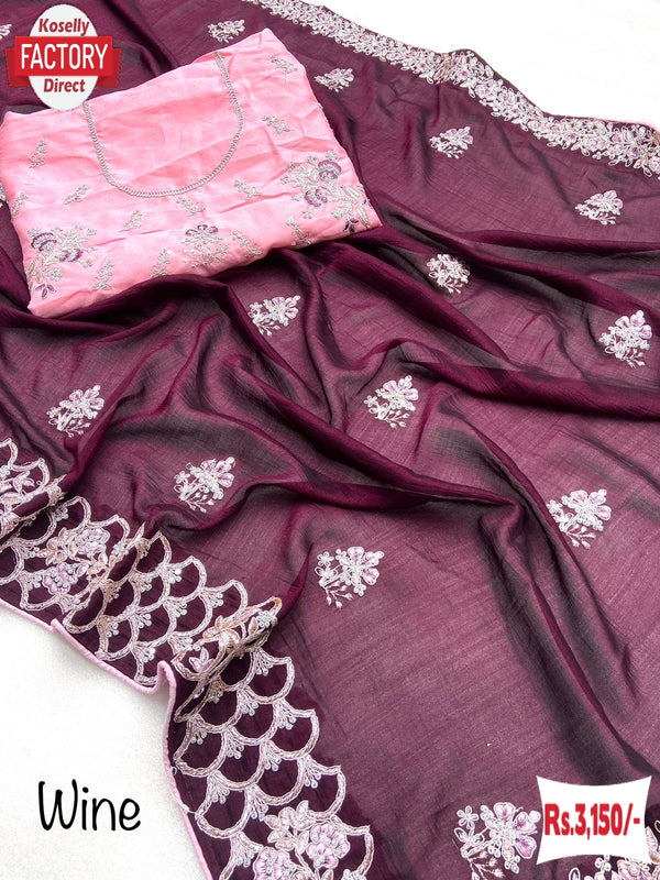 Wine Vichitra Blooming Silk Partywear Embroidered Saree
