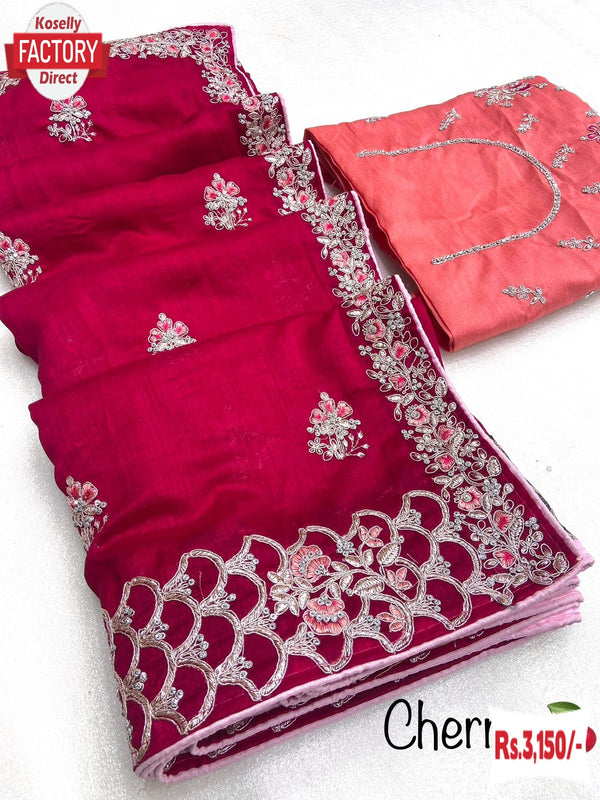 Cherry Vichitra Blooming Silk Partywear Embroidered Saree