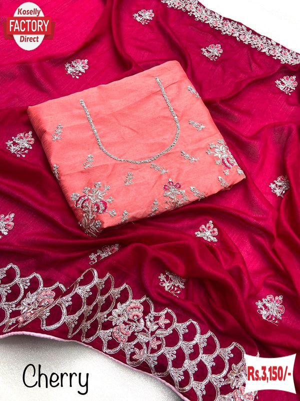 Cherry Vichitra Blooming Silk Partywear Embroidered Saree