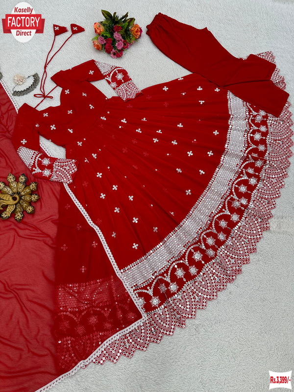Red Georgette Partywear Gown Dupatta Set