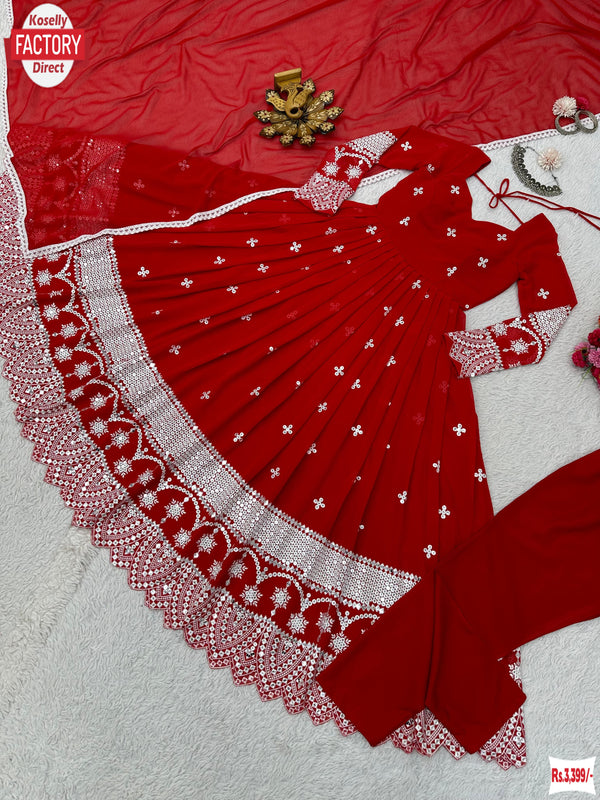 Red Georgette Partywear Gown Dupatta Set