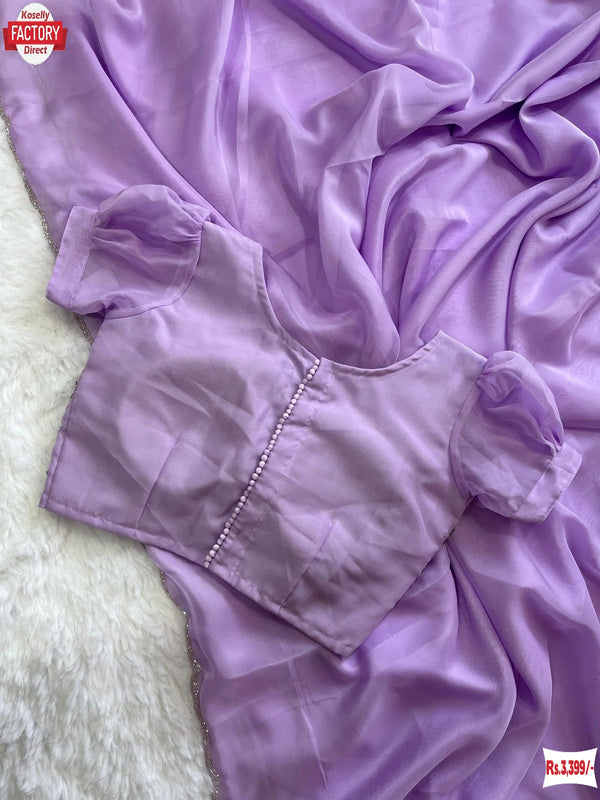 Lavender Pure Soft Organza Embroidered Partywear Saree