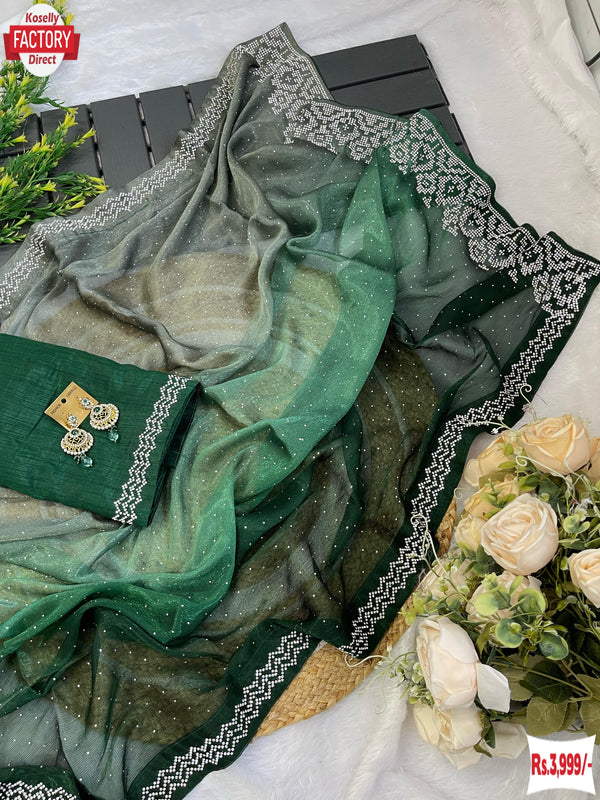 Green Multi-shaded Pure Soft Silk Partywear Saree