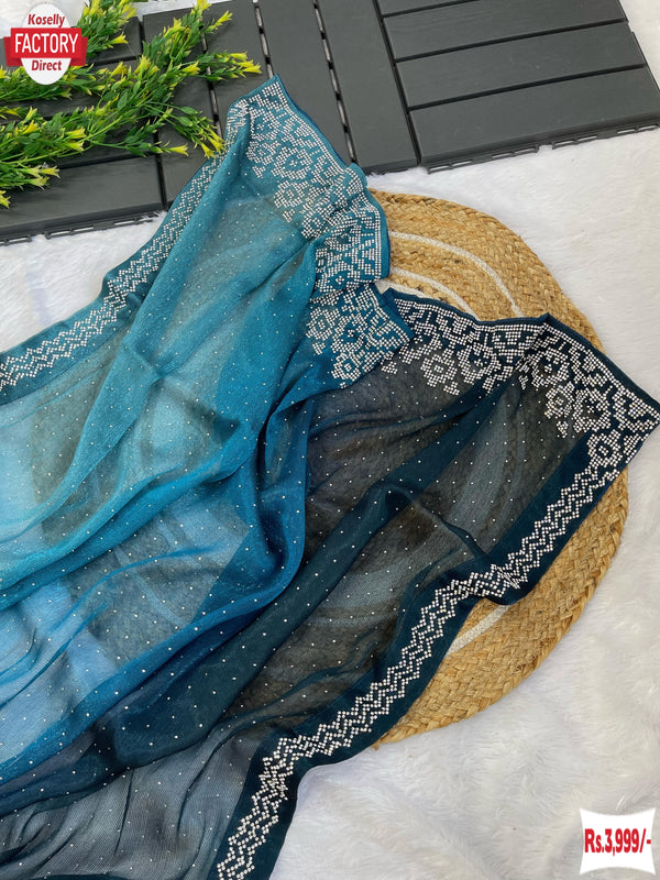 Teal And Sky Blue Multi-shaded Pure Soft Silk Partywear Saree